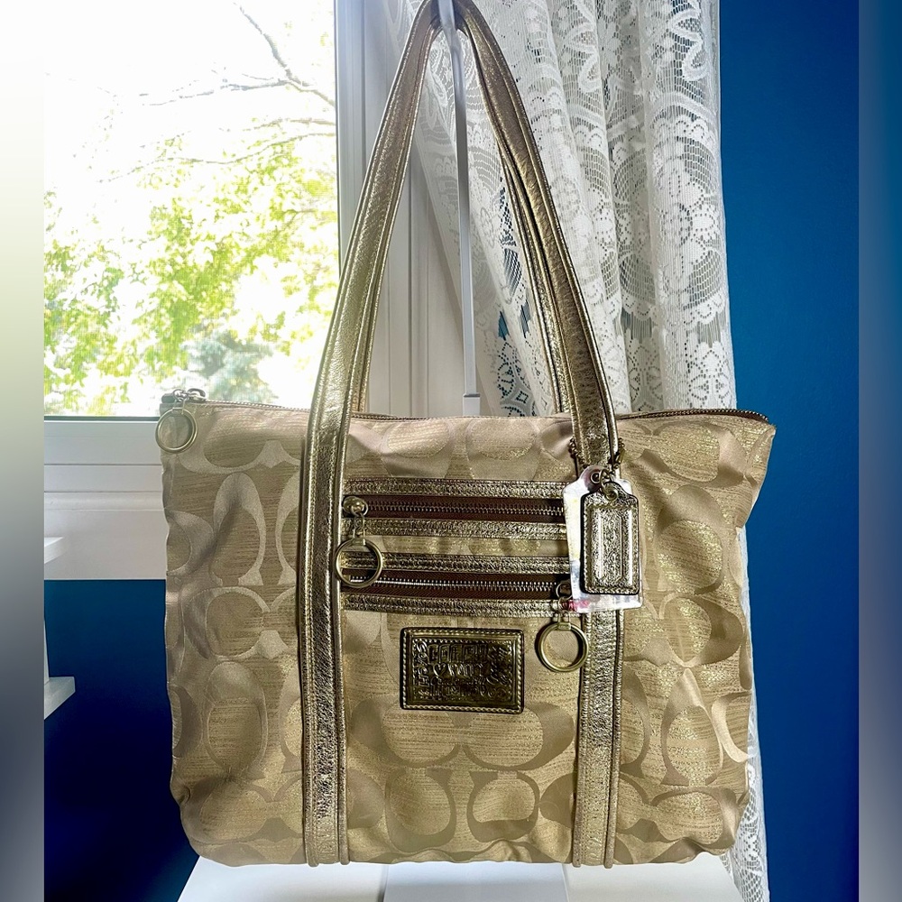 Coach Poppy Gold Signature Tote Bag  14 in W 12 1/2 in L
